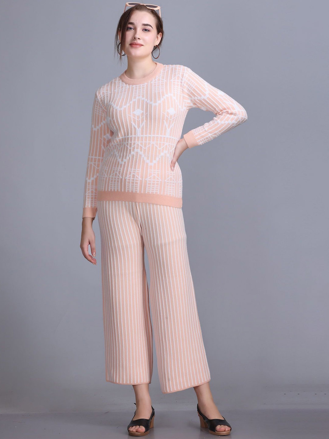 

MONTREX Self Design Woolen Knitted Top & Trouser, Peach