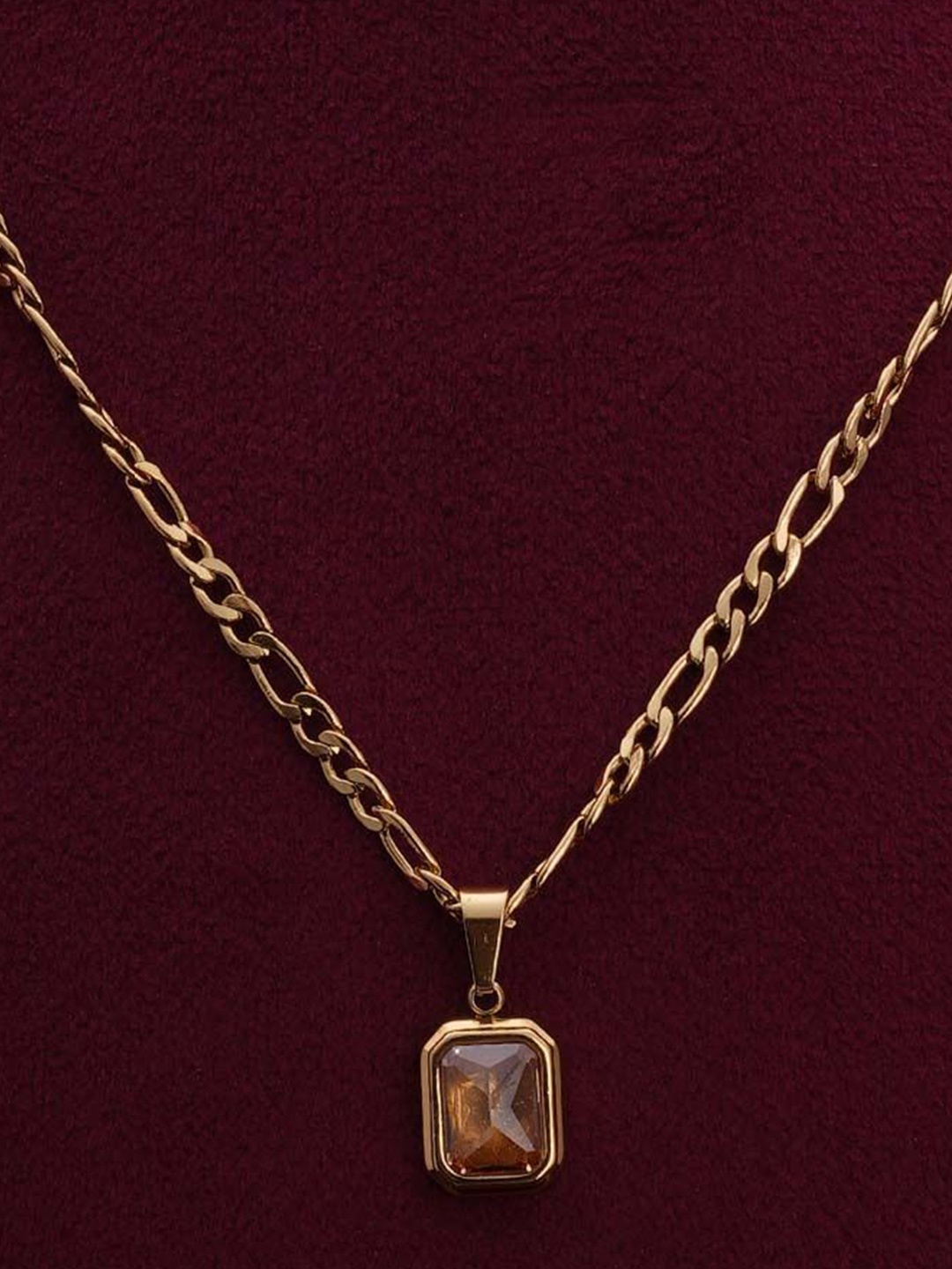 

PALMONAS Stainless Steel Gold-Plated Stone-Studded Square-Shaped Pendant With Chain