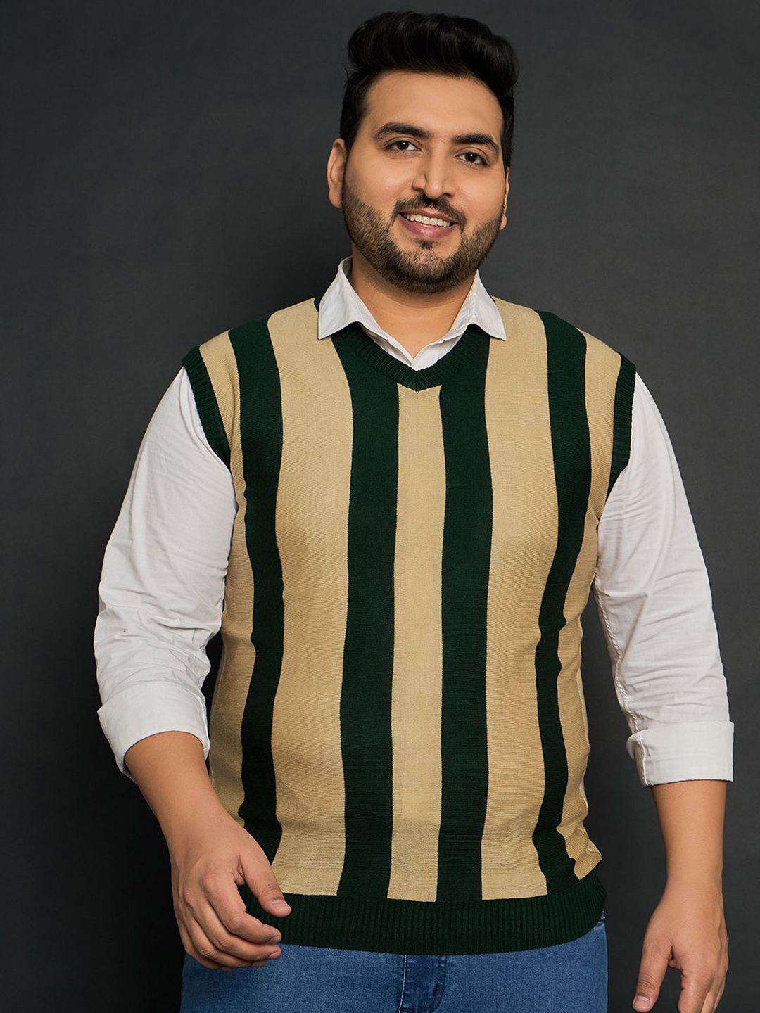 

bigbanana Men Plus Size Striped Sweater Vest, Beige