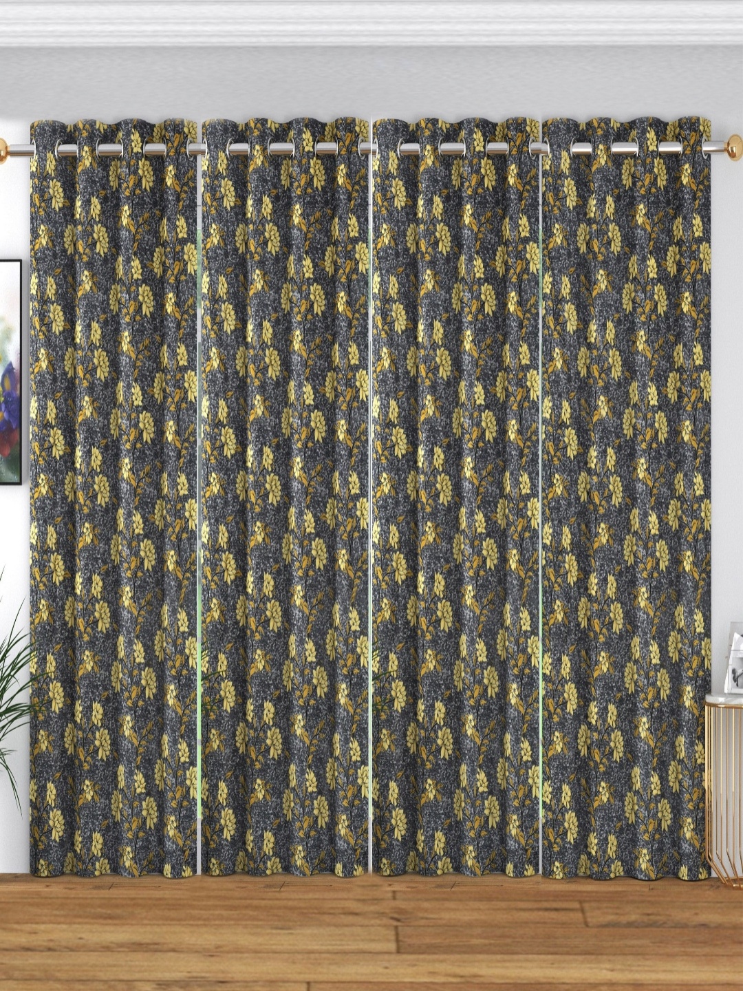

ANA Grey & Yellow 4 Pieces Floral Room Darkening Door Curtain