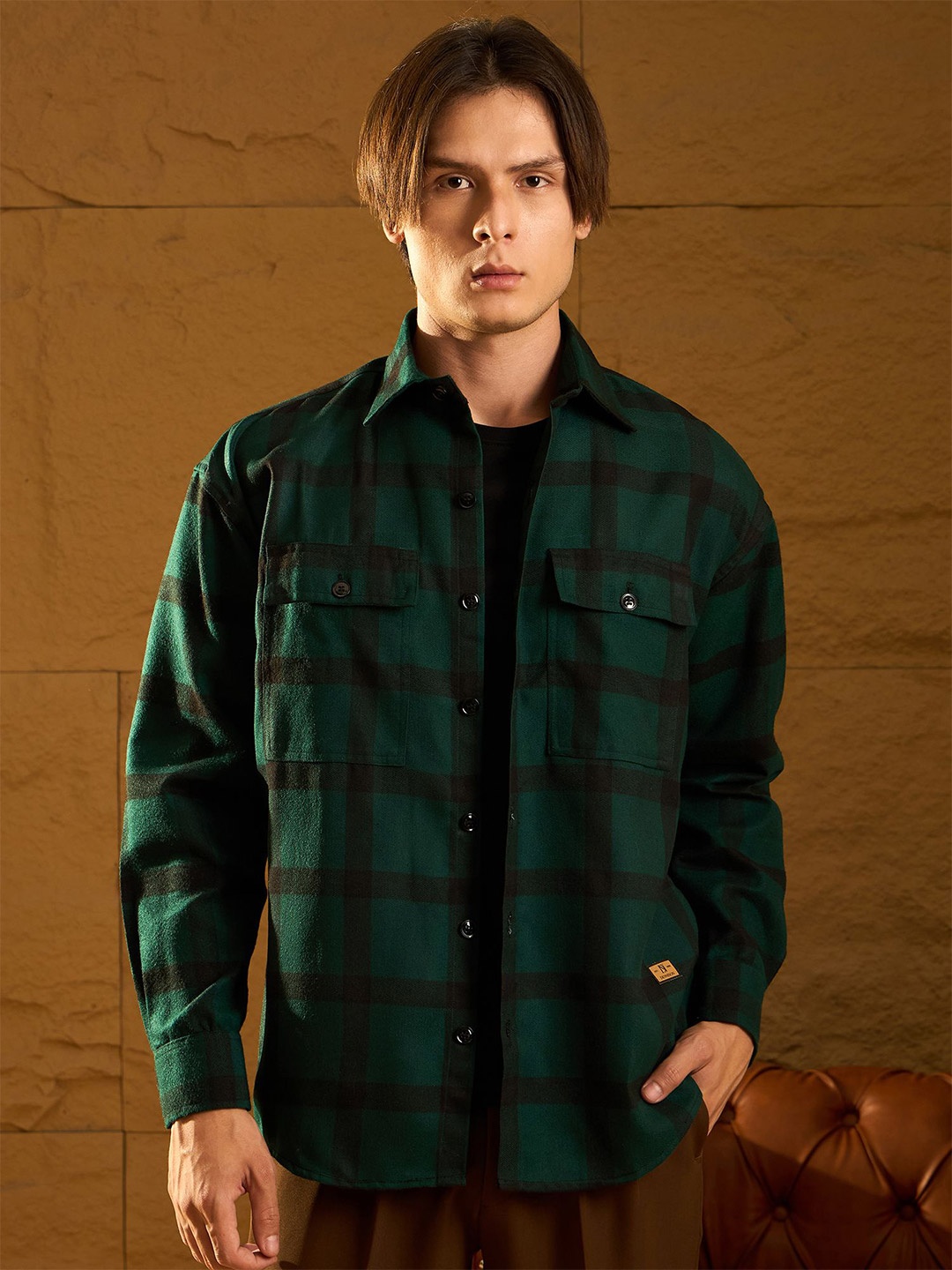 

DENNISON Men Double Pocket Drop Shoulder Oversized Cotton Checked Shacket, Green