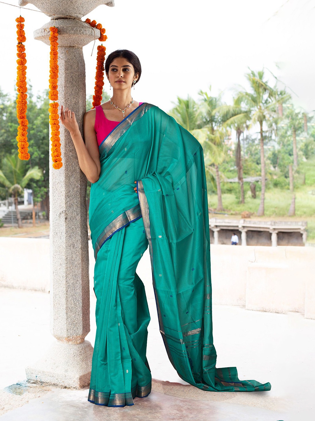 

Unnati Silks Woven Design Zari Handloom Maheshwari Saree, Turquoise blue