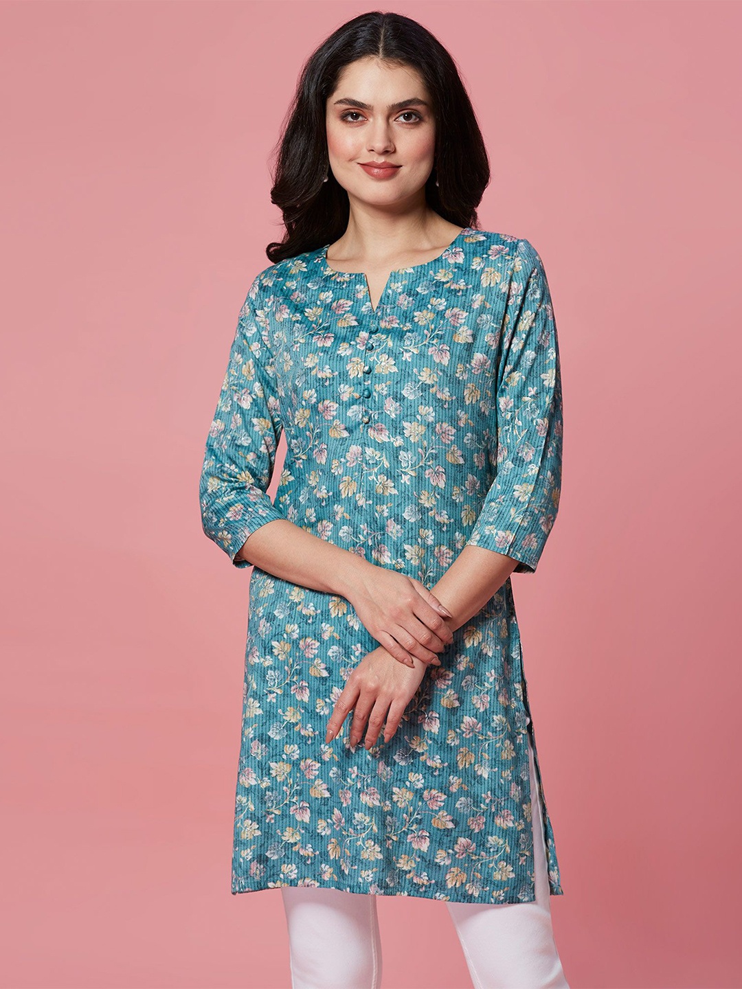 

Peachmode Floral Printed Pure Cotton Straight Kurti, Turquoise blue