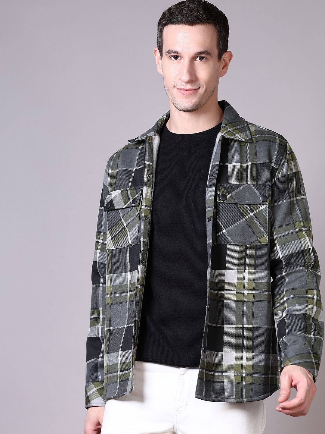 

V-Mart Men Cotton Shirt Collar Checked Long Sleeves Sweatshirt, Green
