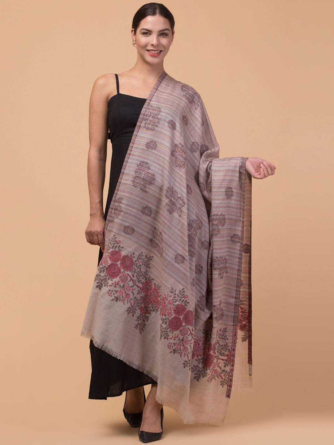 

Tweedle Floral Woven Design Fringed Woollen Shawl, Off white