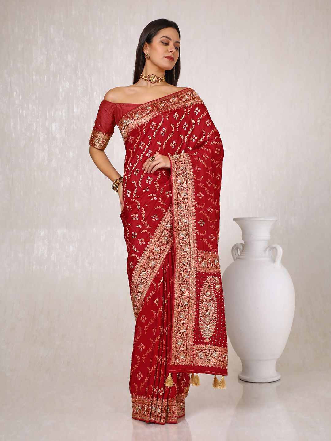 

Soch Floral Woven Design Beads and Stones Saree, Red