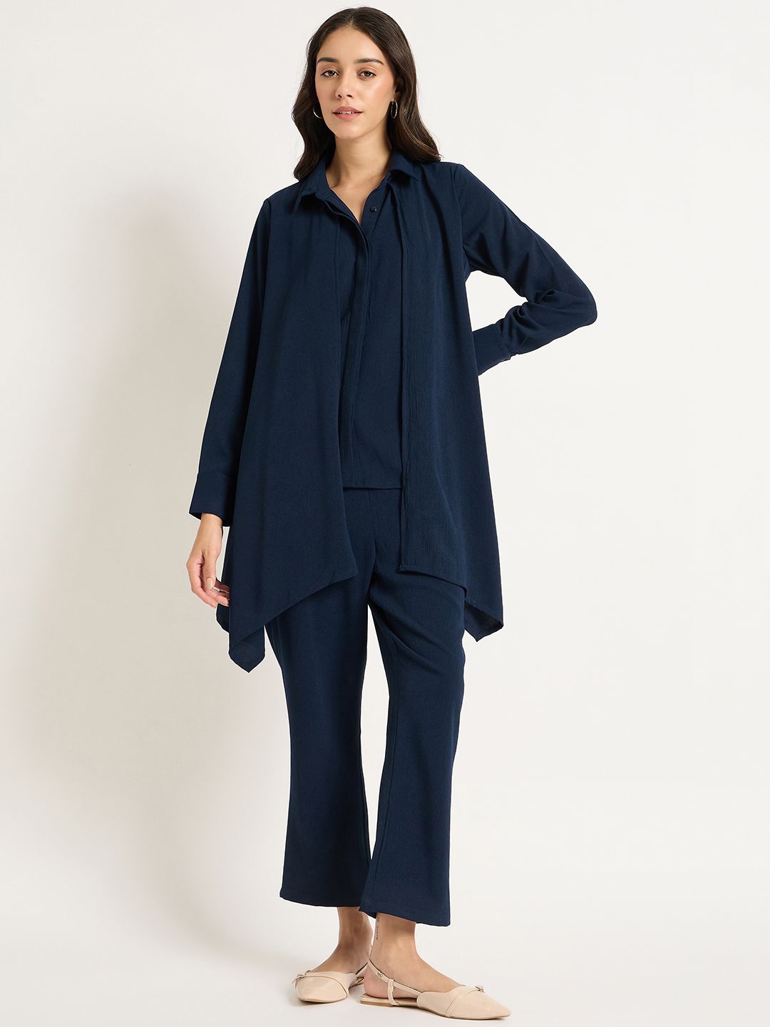 

FEMMELLA Shirt Collar Top With Trousers, Navy blue