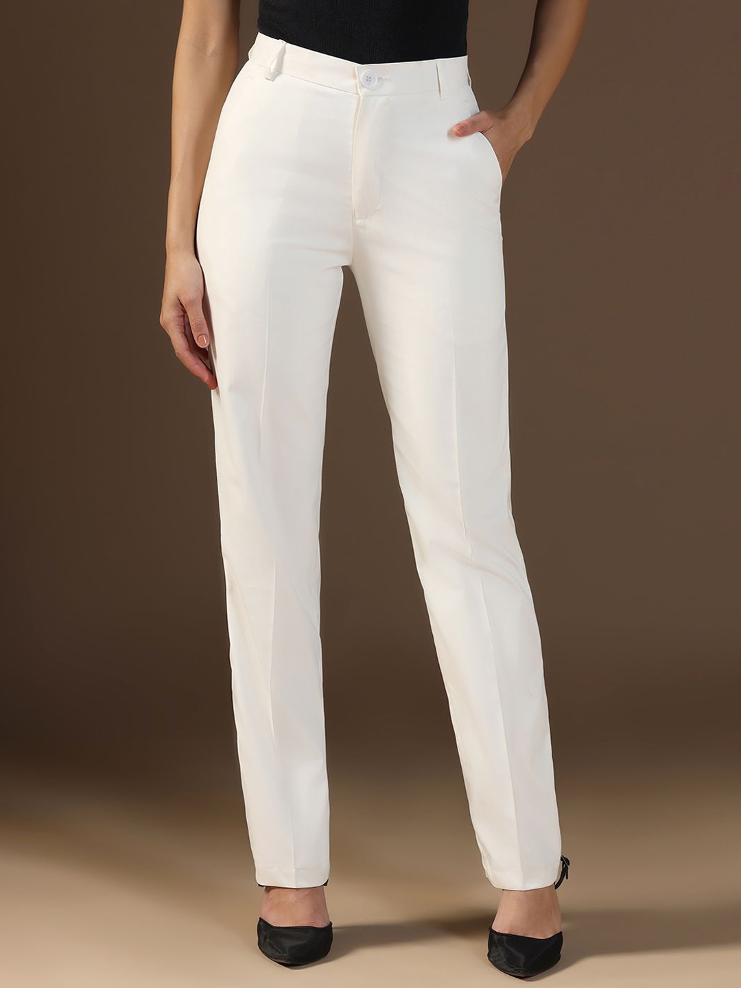 

TAHVO Women Relaxed Regular Fit Mid-Rise Trousers, White