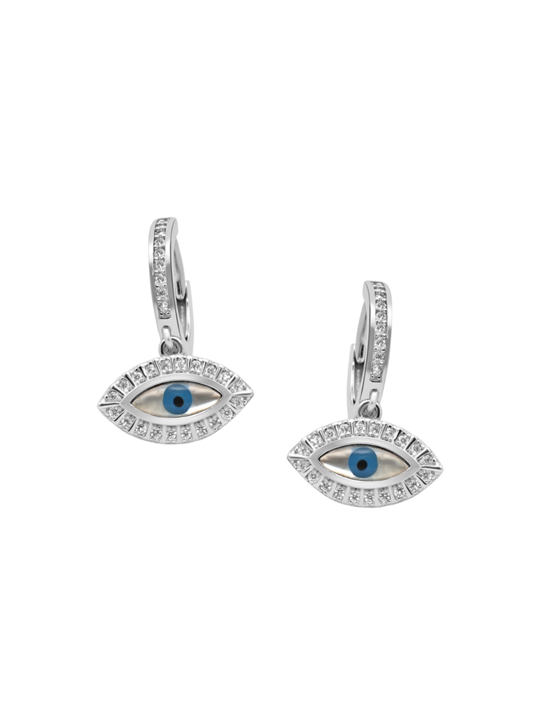 

925 SILLER Rhodium-Plated Cubic Zirconia Studded Evil Eye Enamelled Drop Earrings, Silver