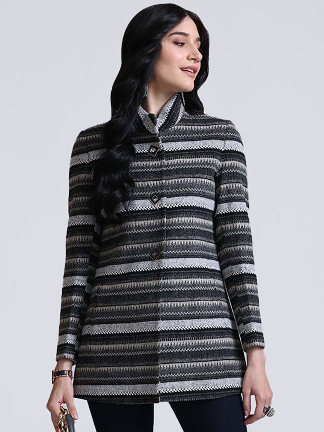 

LURE URBAN Women Striped Long Sleeve Winter Wear Overcoat, Charcoal