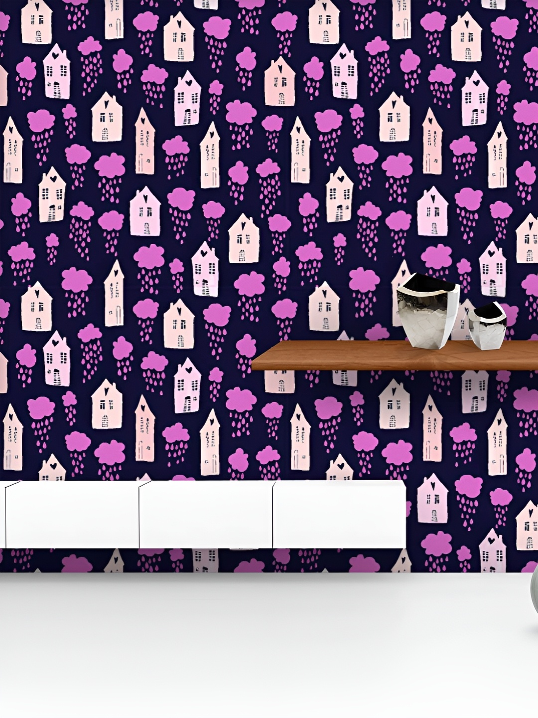 

ArtzFolio Printed UV-Resistant Anti-Bacterial Houses And Clouds With Falling Raindrops Peel & Stick Wallpaper, Multi