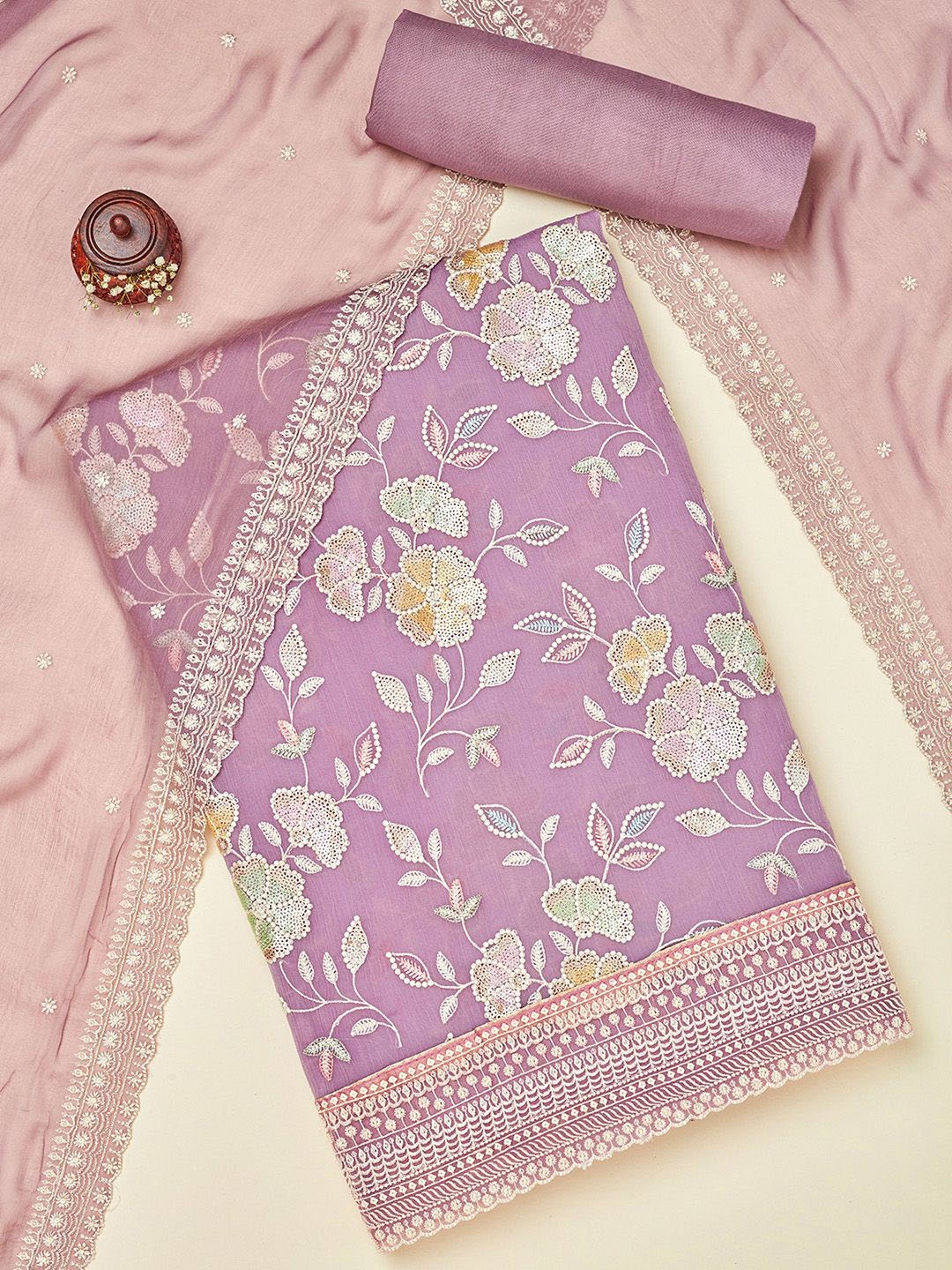 

Soch Floral Embroidered Sequinned Silk Chiffon Unstitched Dress Material, Lavender