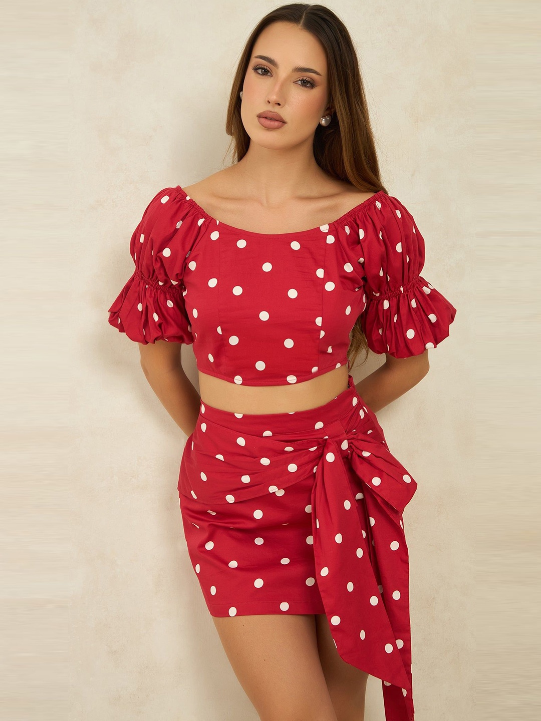 

Virgio Women Polka Dot Printed Puff Sleeve Cotton Fitted Crop Top, Red