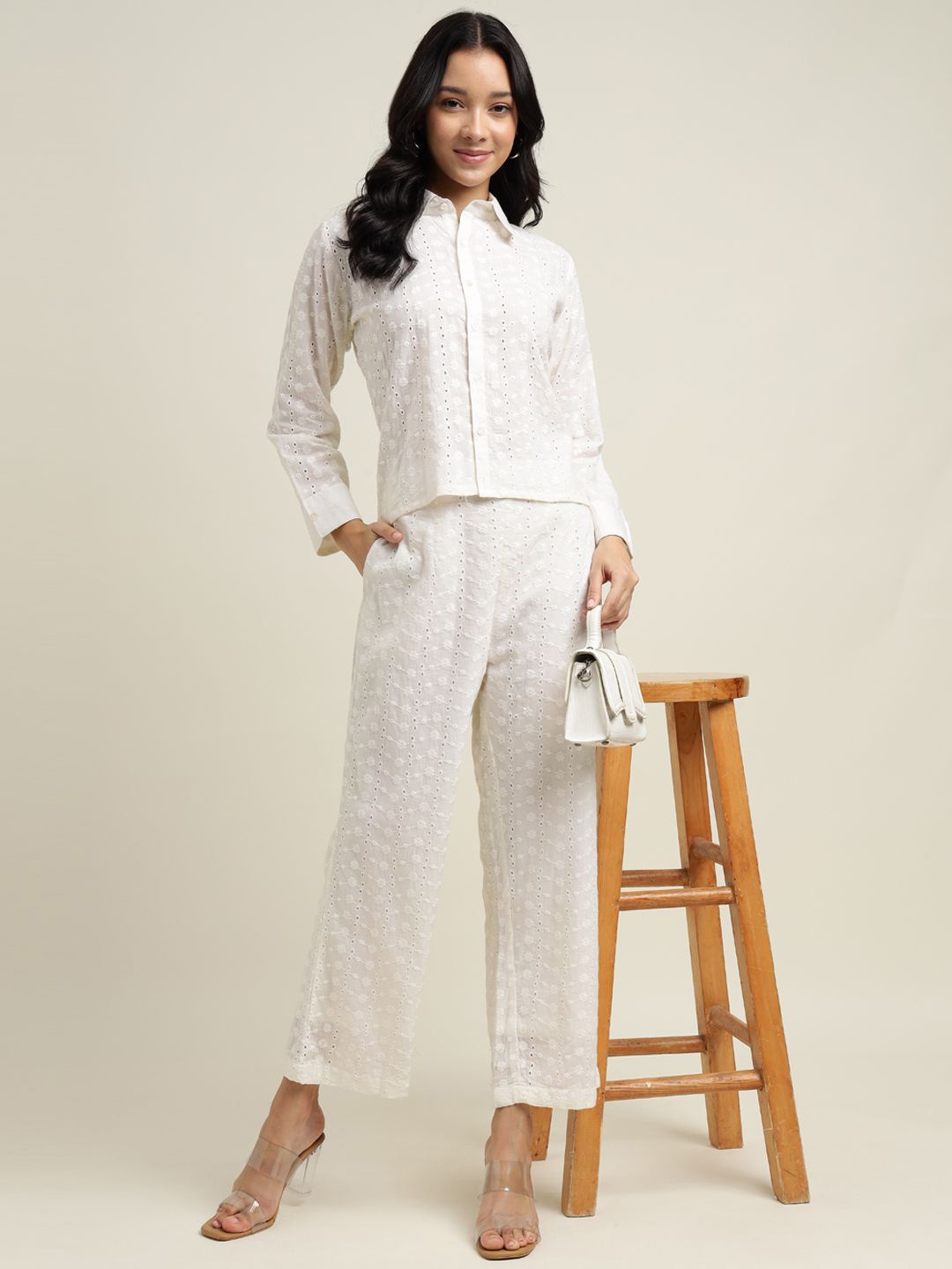 

ZARI Self Design Pure Cotton Schiffli Work Shirt With Trouser, Off white