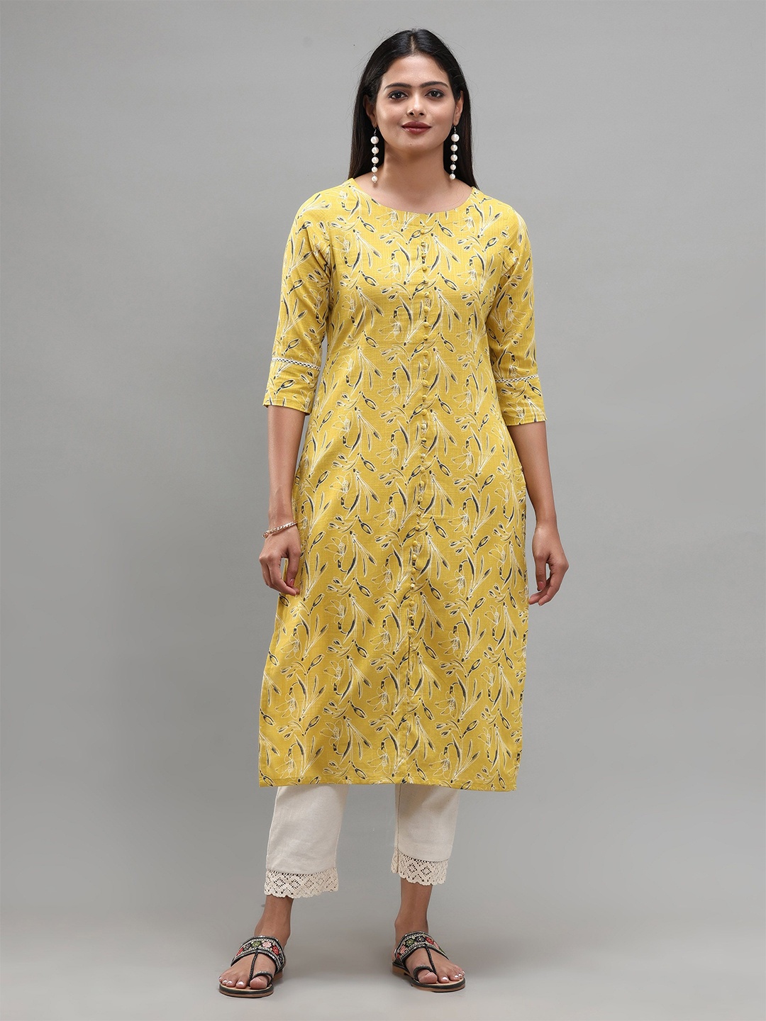

Vismay Women Woven Design Cotton Straight Kurta, Yellow