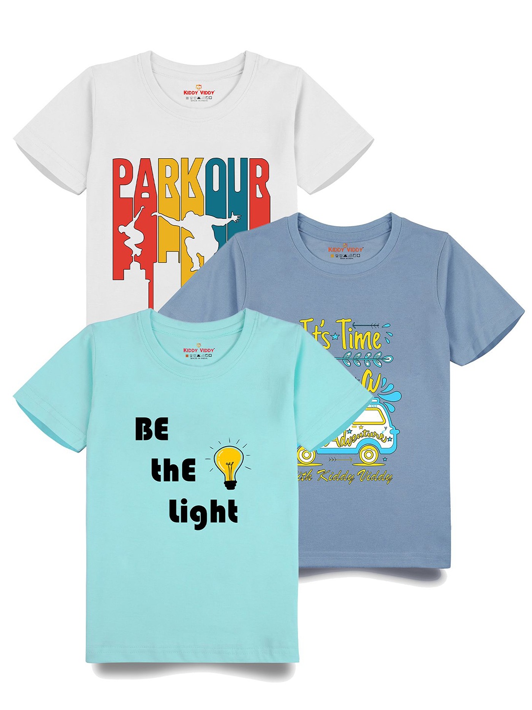 

Kiddy Viddy Boys Pack Of 3 Typography Printed Round Neck Cotton T-shirts, Blue