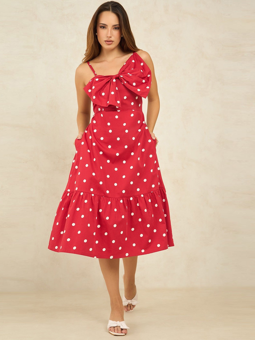 

Virgio Women Cotton Sweet Heart Neck Midi Length Printed Strap Sleeve Dress, Red