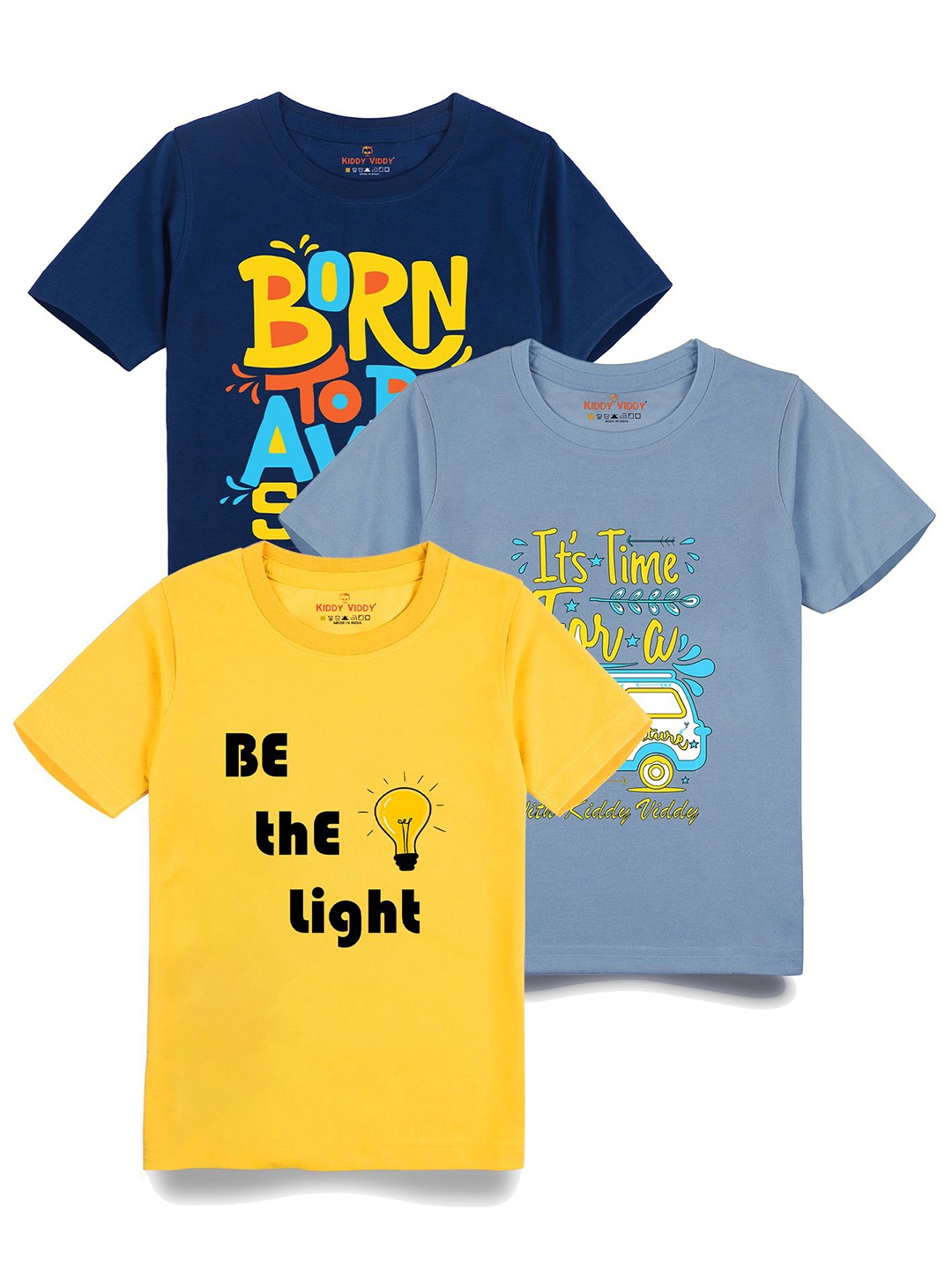 

Kiddy Viddy Boys Pack Of 3 Typography Printed Round Neck Cotton T-shirts, Navy blue