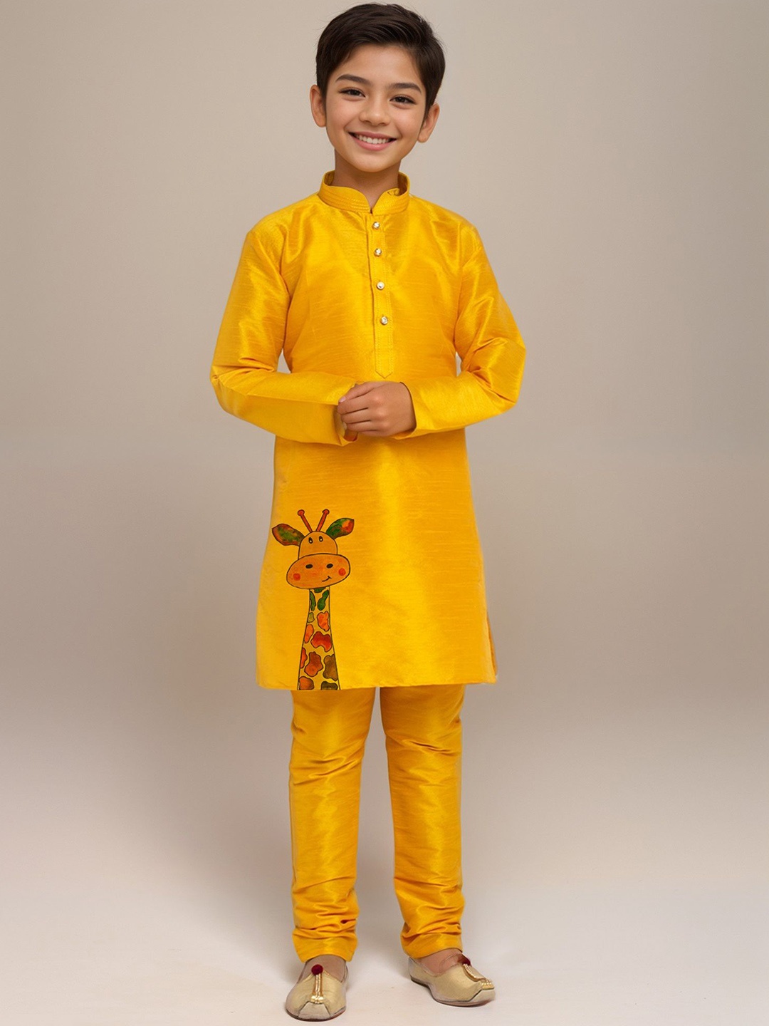 

DEVOILER Boys Graphic Printed Mandarin Collar Straight Kurta, Mustard