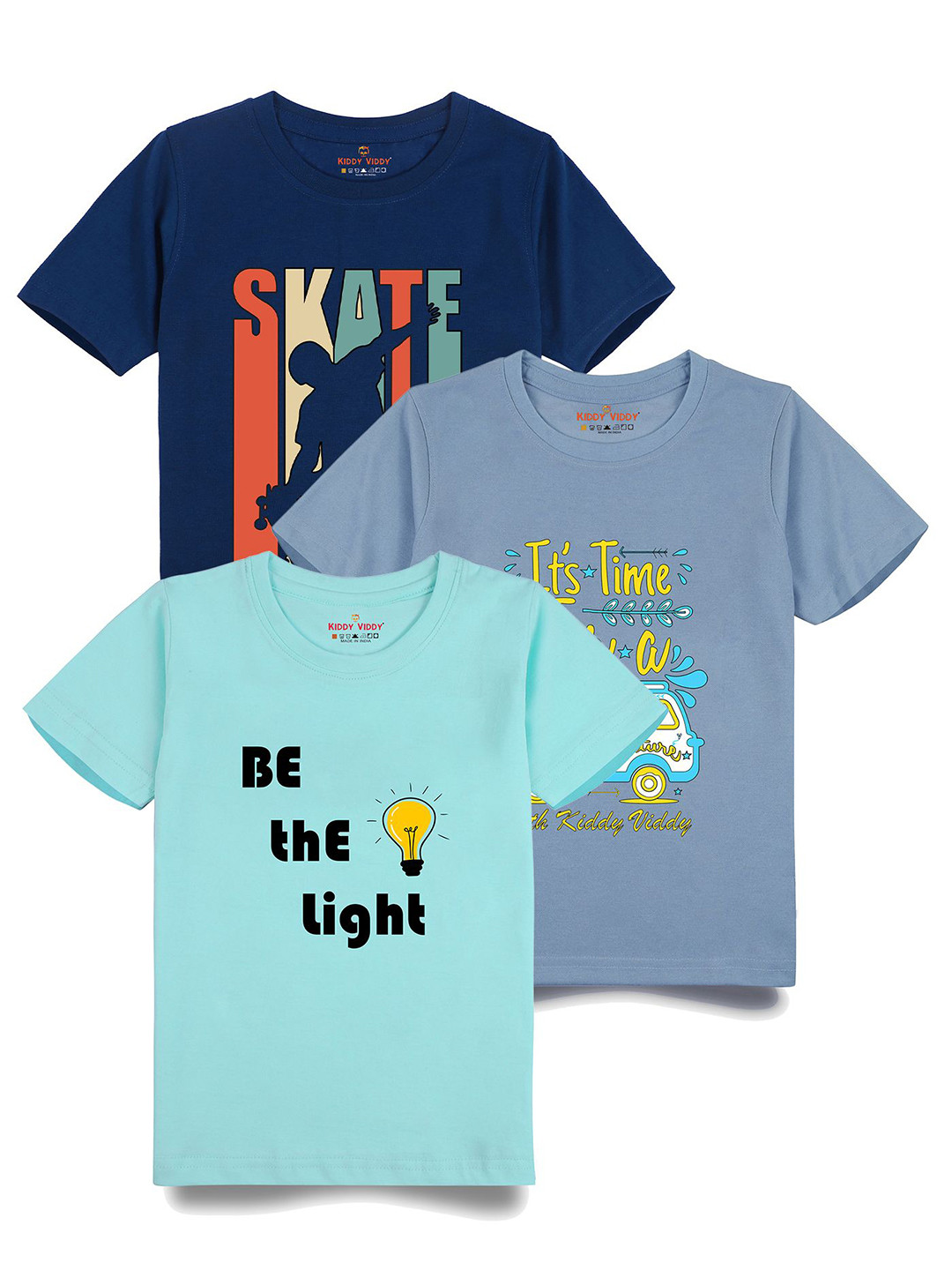 

Kiddy Viddy Boys Pack Of 3 Typography Printed Round Neck Cotton T-shirts, Sea green