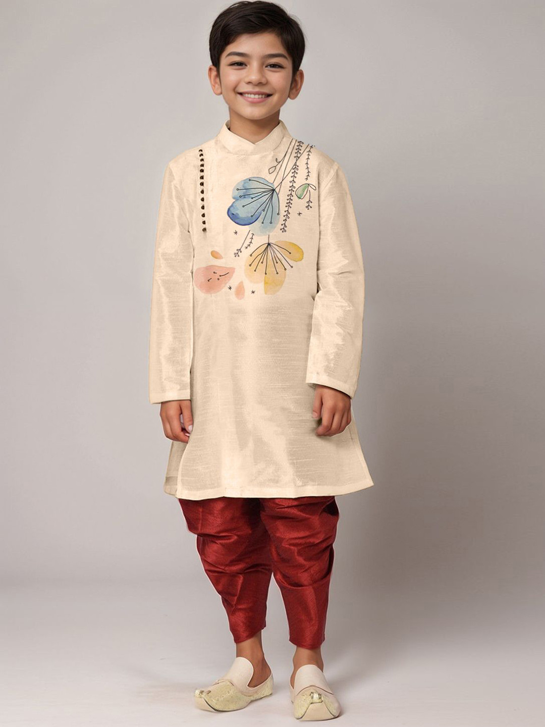 

DEVOILER Boys Floral Printed Mandarin Collar Straight Kurta, Beige