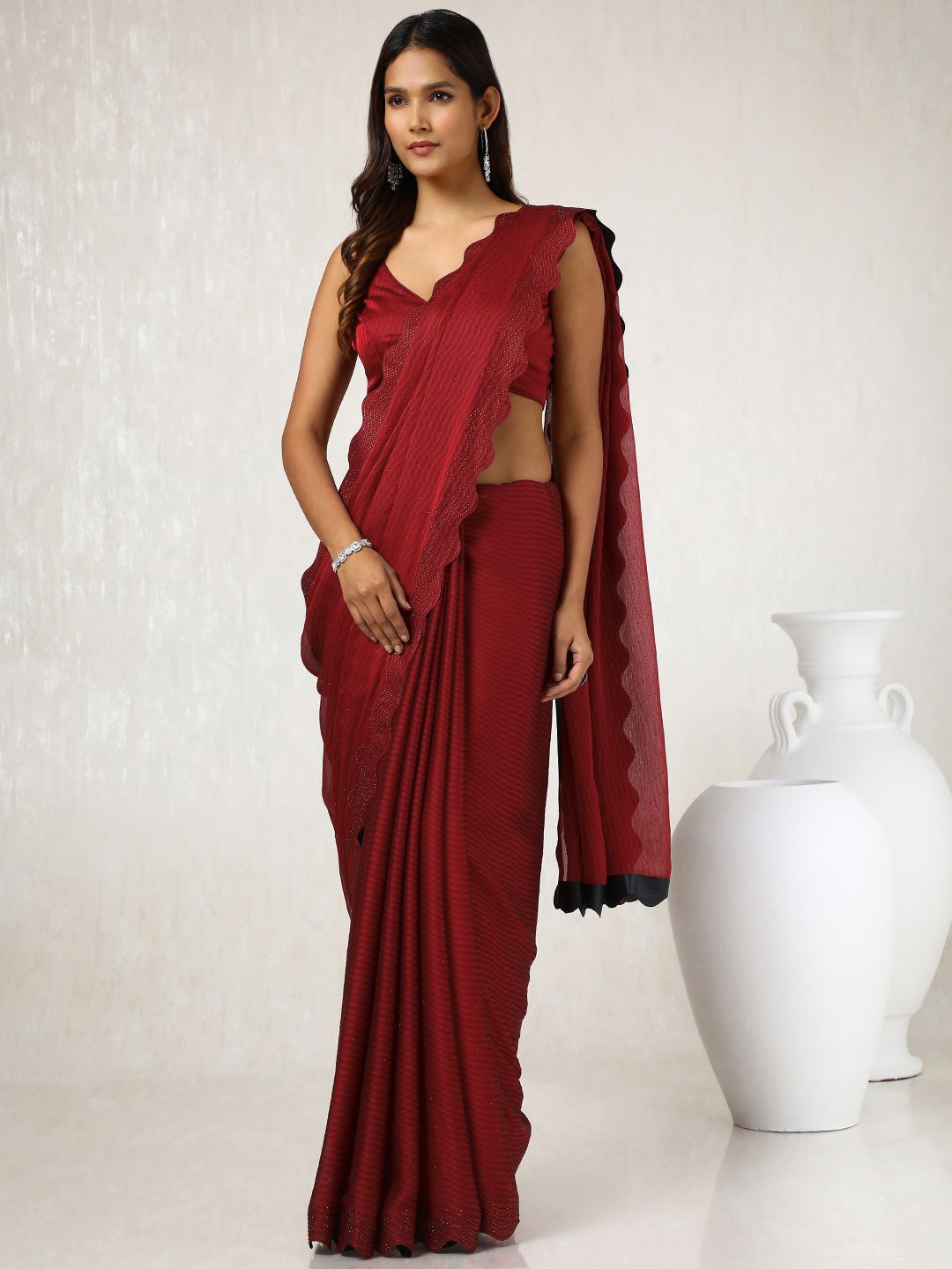 

Soch Striped Beads and Stones Pure Chiffon Saree, Maroon
