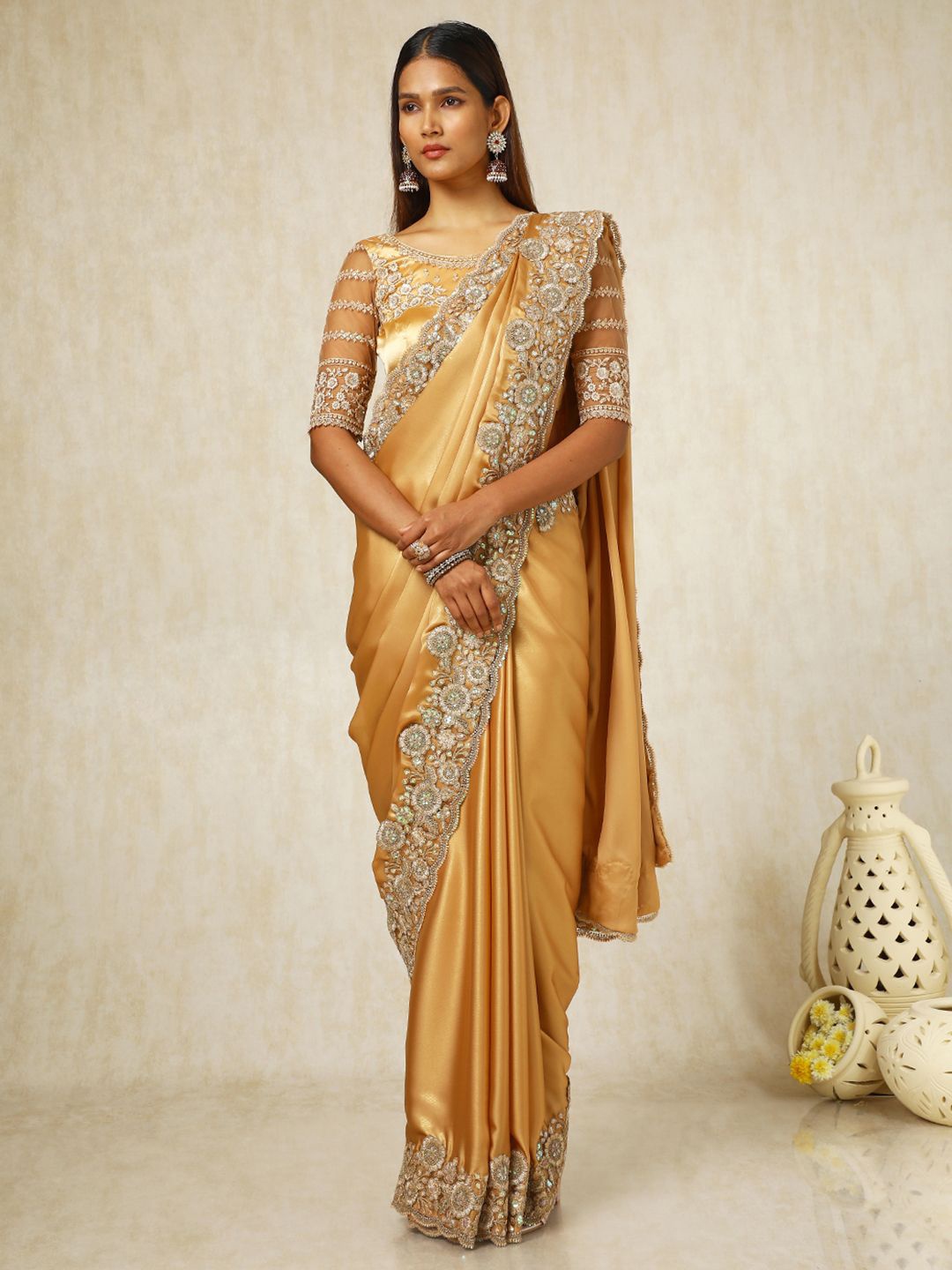 

Soch Embroidered Embellished Sequinned Pure Crepe Saree, Gold