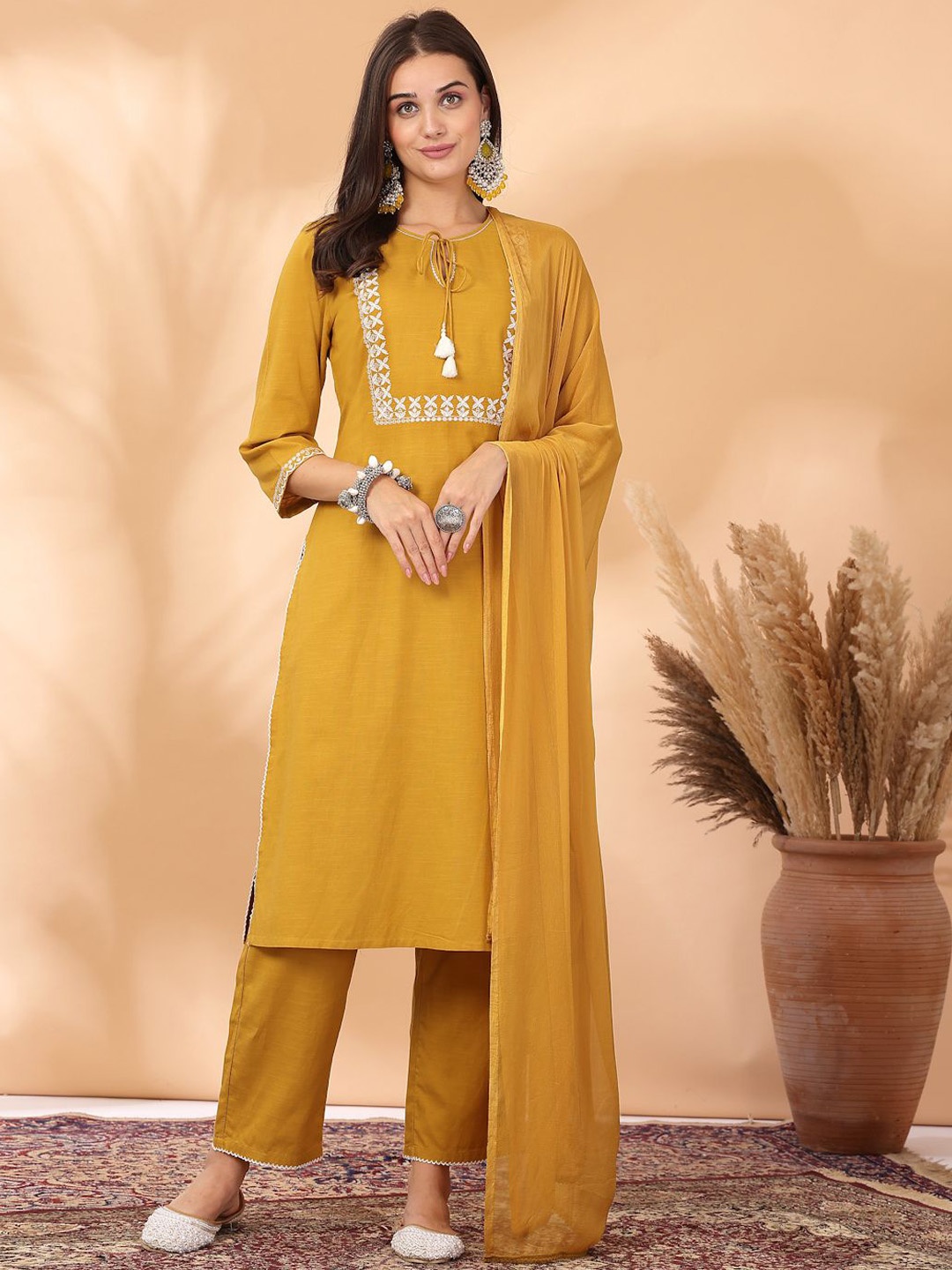 

Nayam By Lakshita Floral Yoke Design Cotton Linen Kurta with Trousers & Dupatta, Mustard