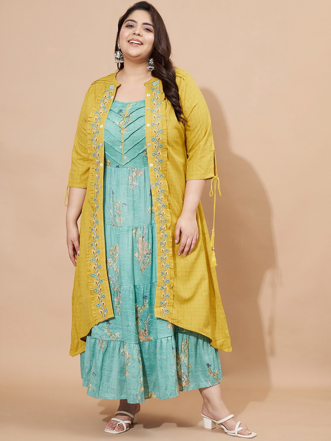 

Vbuyz Plus Size Floral Printed Embroidered Ethnic Dresses With Jacket, Mustard