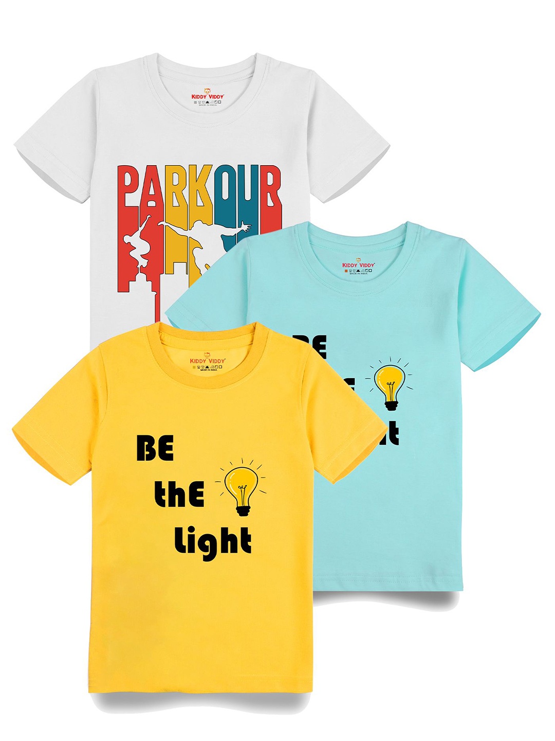 

Kiddy Viddy Boys Pack Of 3 Typography Printed Round Neck Cotton T-shirts, Yellow