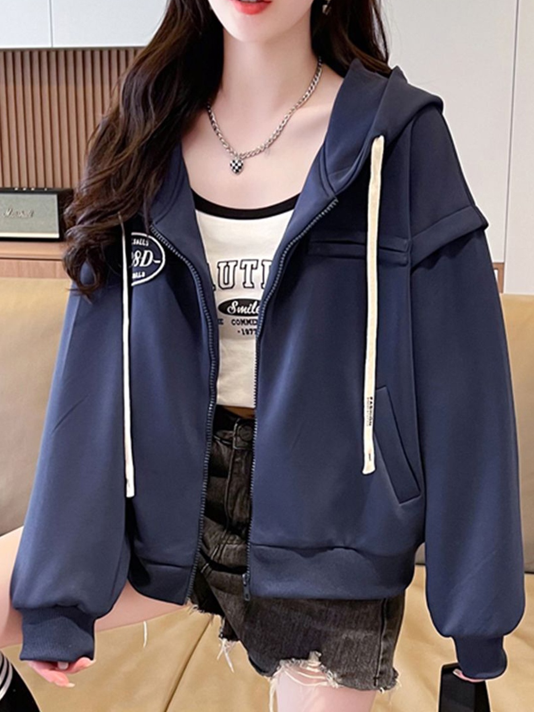 

JC Mode Women Hooded Long Sleeves Front-Open Sweatshirt, Blue