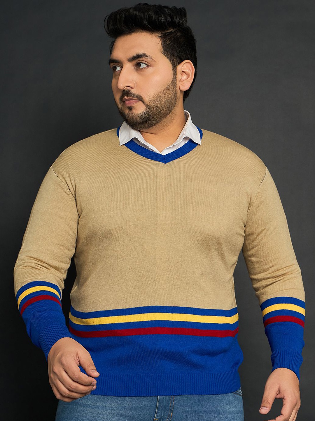 

bigbanana Men Plus Size Colourblocked Striped Pullover Sweater, Beige