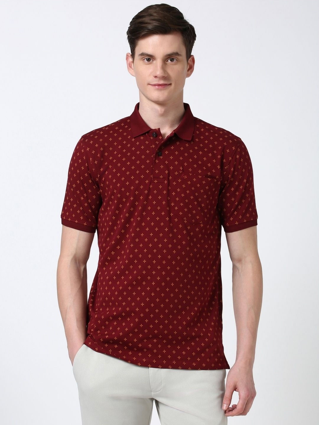 

Peter England Men Printed Polo Collar Pockets T-shirt, Maroon