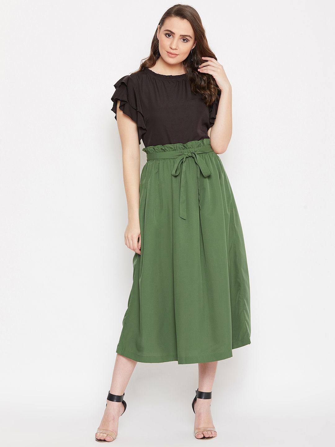 

Bitterlime Round neck Top With Flared Skirt, Black