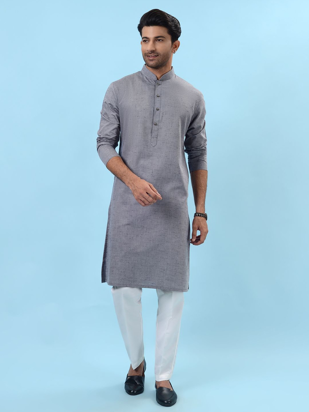 

azania Woven Design Mandarin Collar Straight Kurta, Grey