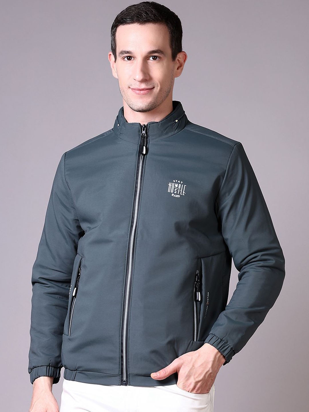 

V-Mart Men Washed Bomber with Patchwork Jacket, Navy blue