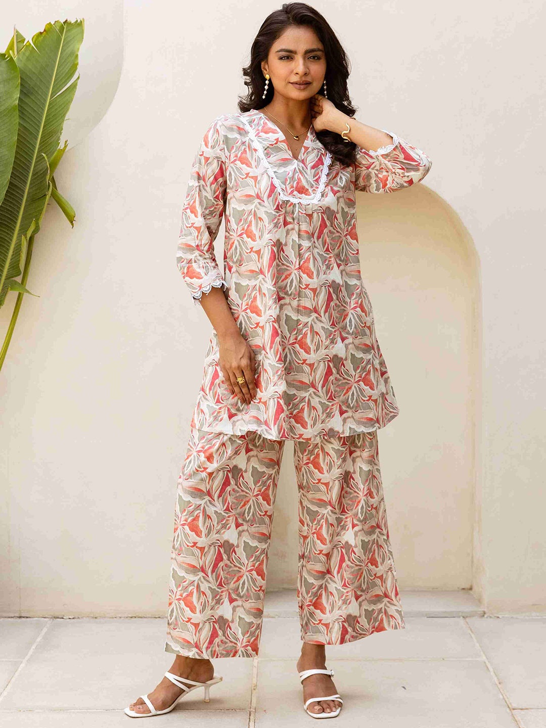 

HUKUM Floral Printed V-Neck Three-Quarter Sleeves Pure Cotton Top With Palazzo, Off white