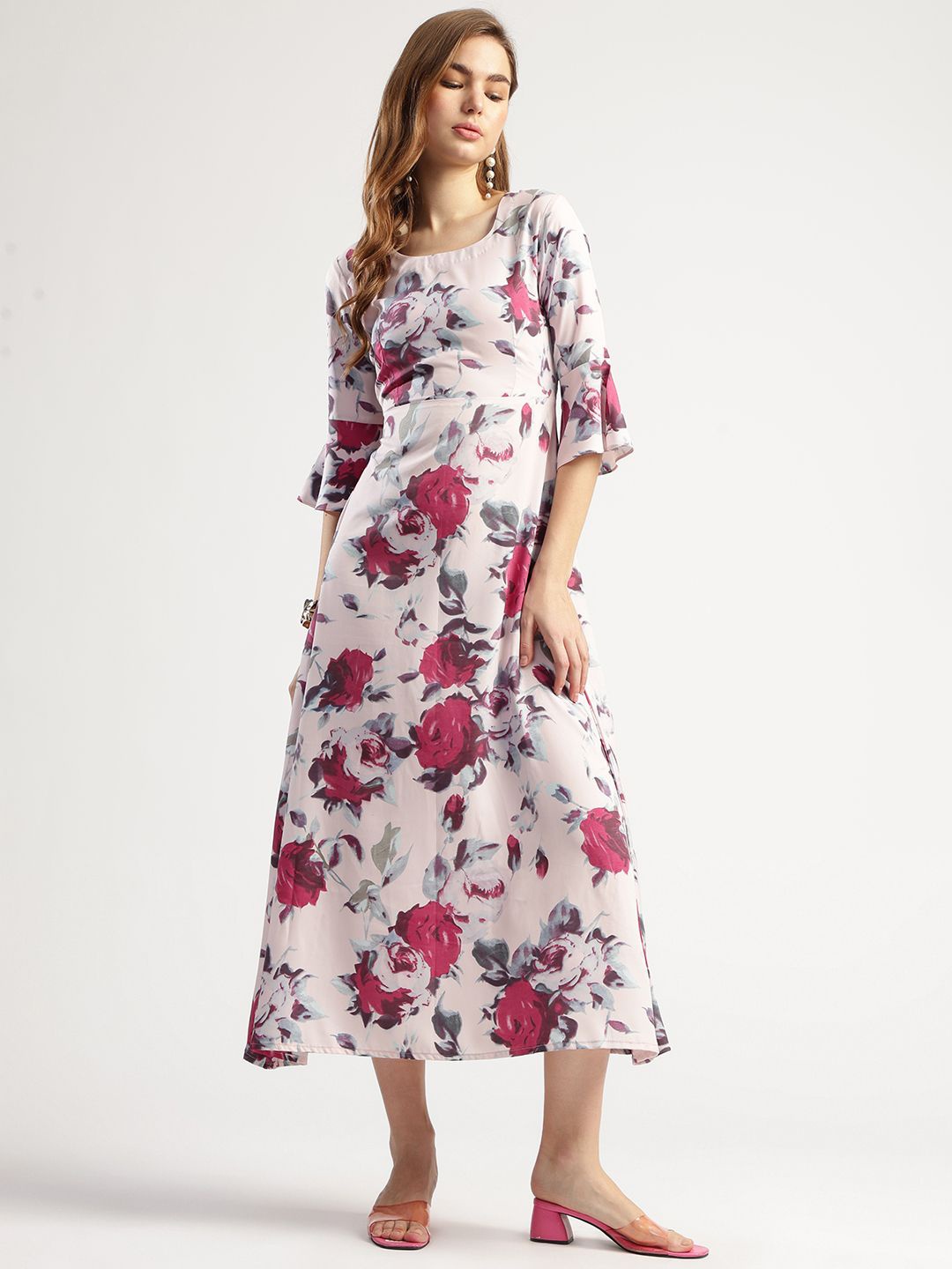 

T TRYON ULTIMATE Women Floral Printed Fit & Flare Round Neck Midi Dress, White