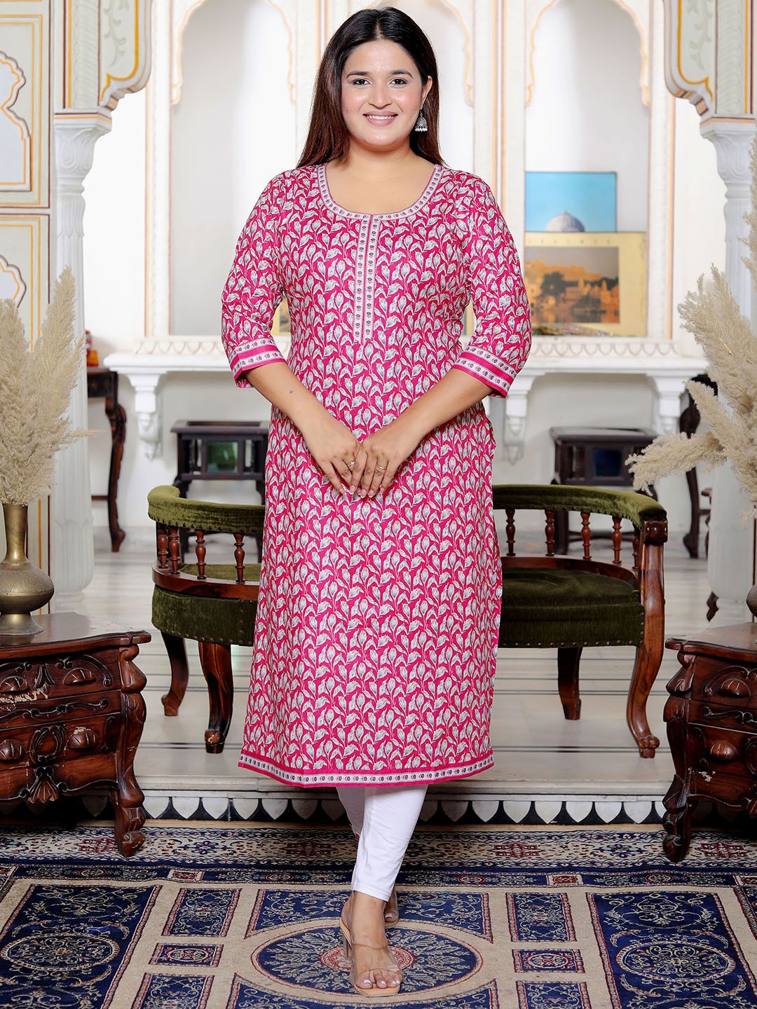 

Jevi Prints Floral Printed Round Neck Three-Quarter Sleeves Pure Cotton Straight Kurta, Pink