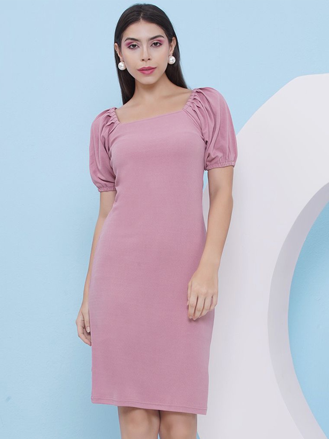 

PUELLA Square Neck Puff Sleeve Sheath Dress, Pink