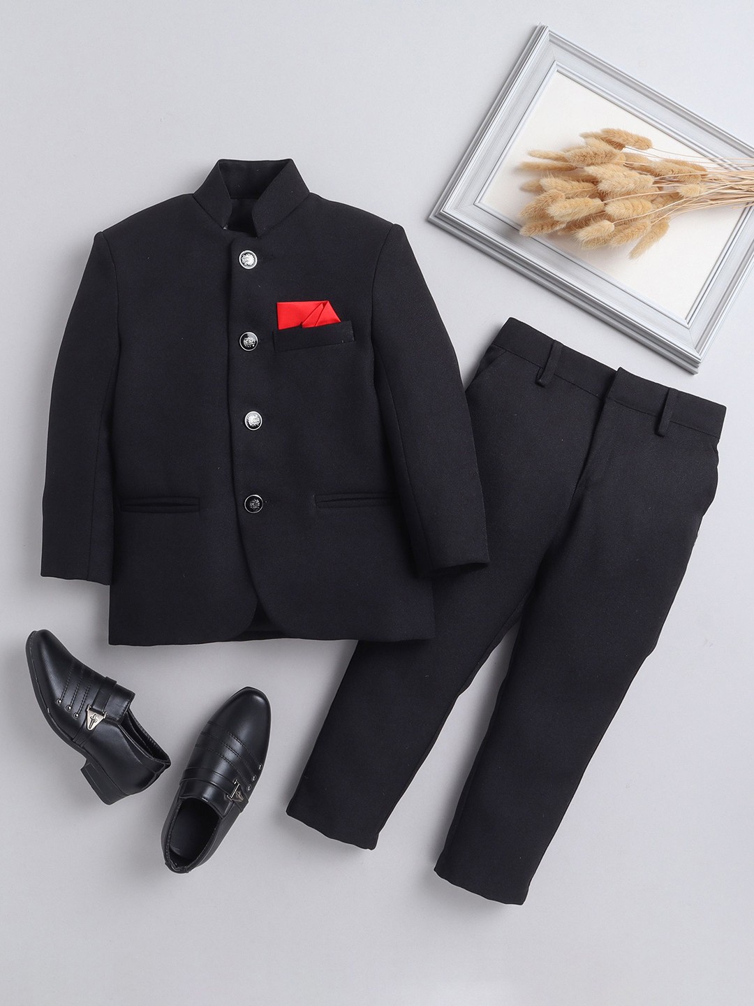 

Jeetethnics Boys Mandarin Collar Single-Breasted Suits, Black