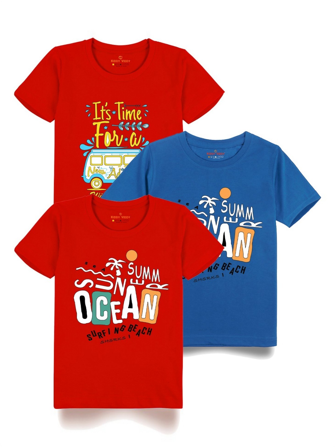 

Kiddy Viddy Boys Pack Of 3 Typography Printed Round Neck Cotton T-shirts, Blue