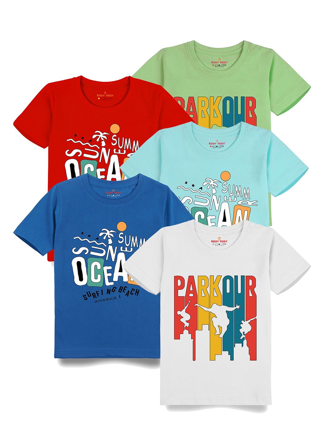 

Kiddy Viddy Boys Pack Of 5 Typography Printed Round Neck Cotton T-shirts, Red