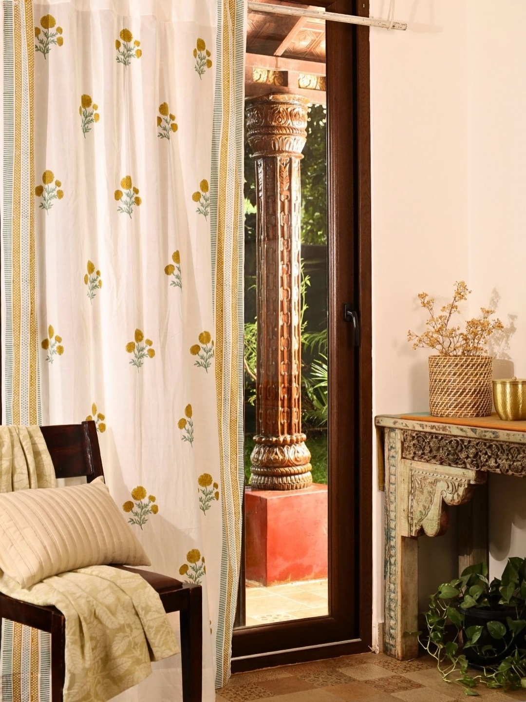 

Peepul Tree Marigold Mustard Yellow Floral Printed Sheer Door Curtain, Cream
