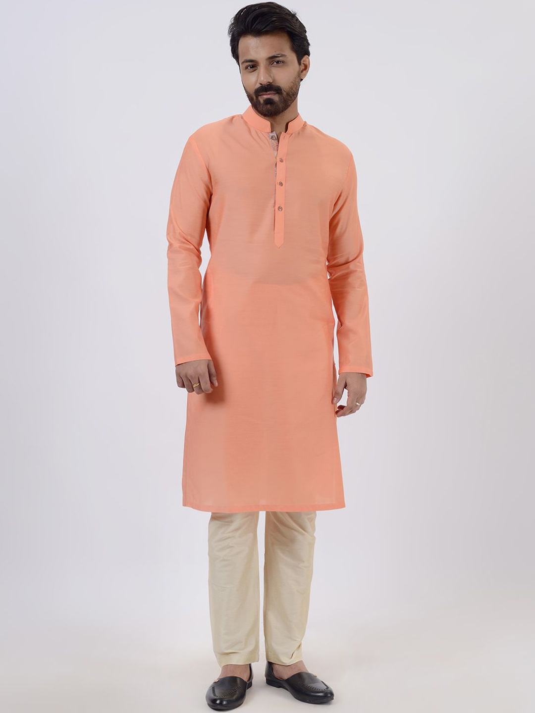 

azania Mandarin Collar Straight Kurta With Trousers, Peach