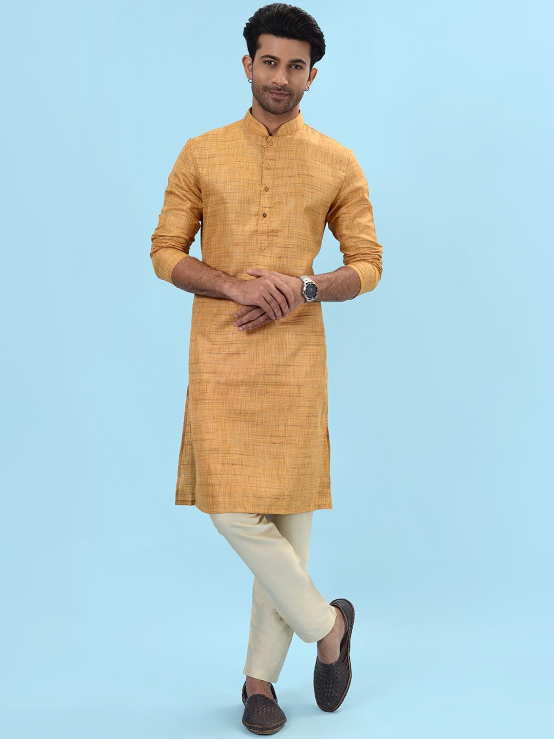 

azania Woven Design Mandarin Collar Straight Kurta, Yellow