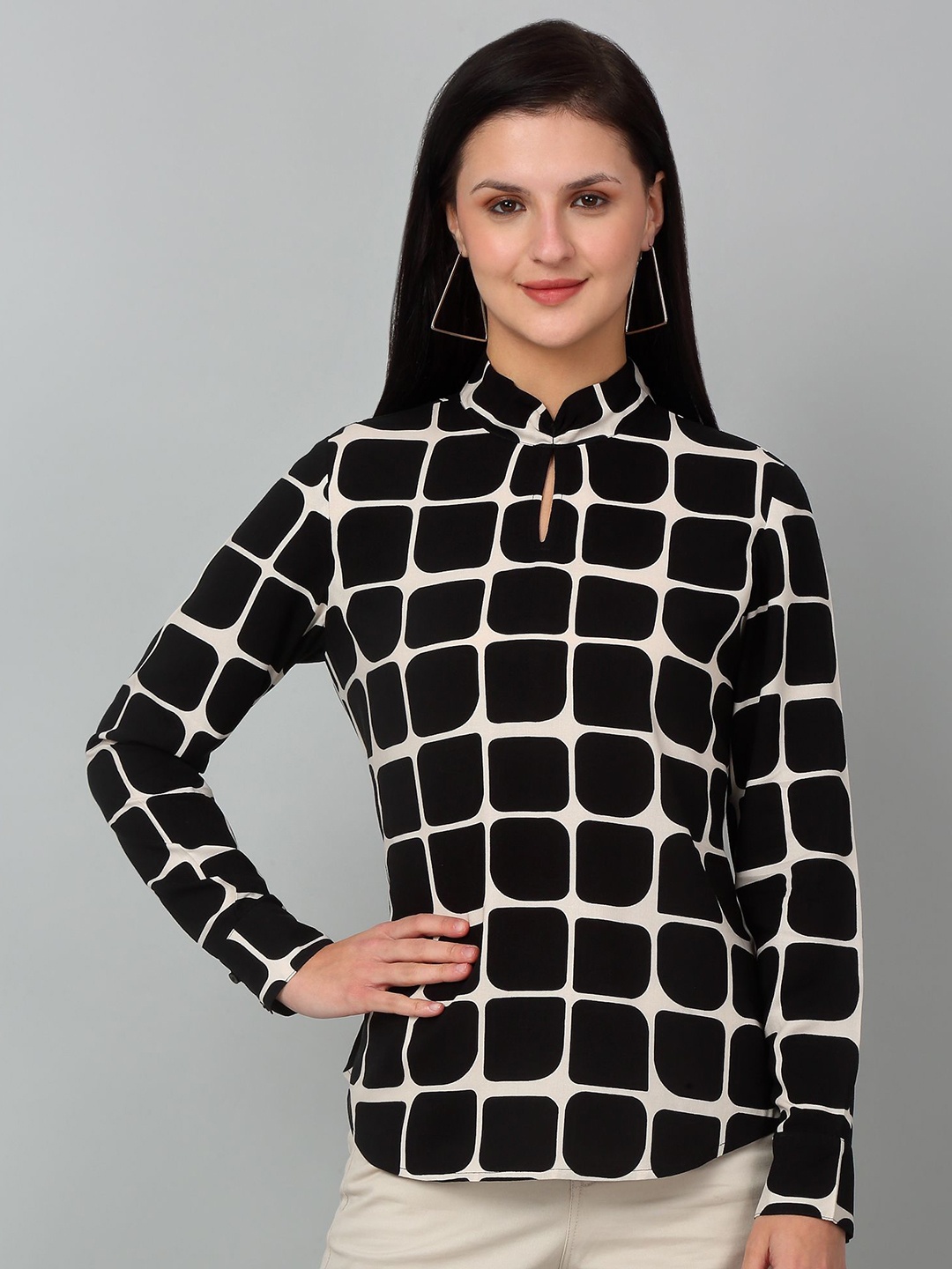 

Cantabil Women Geometric Printed Mandarin Collar Top, Black