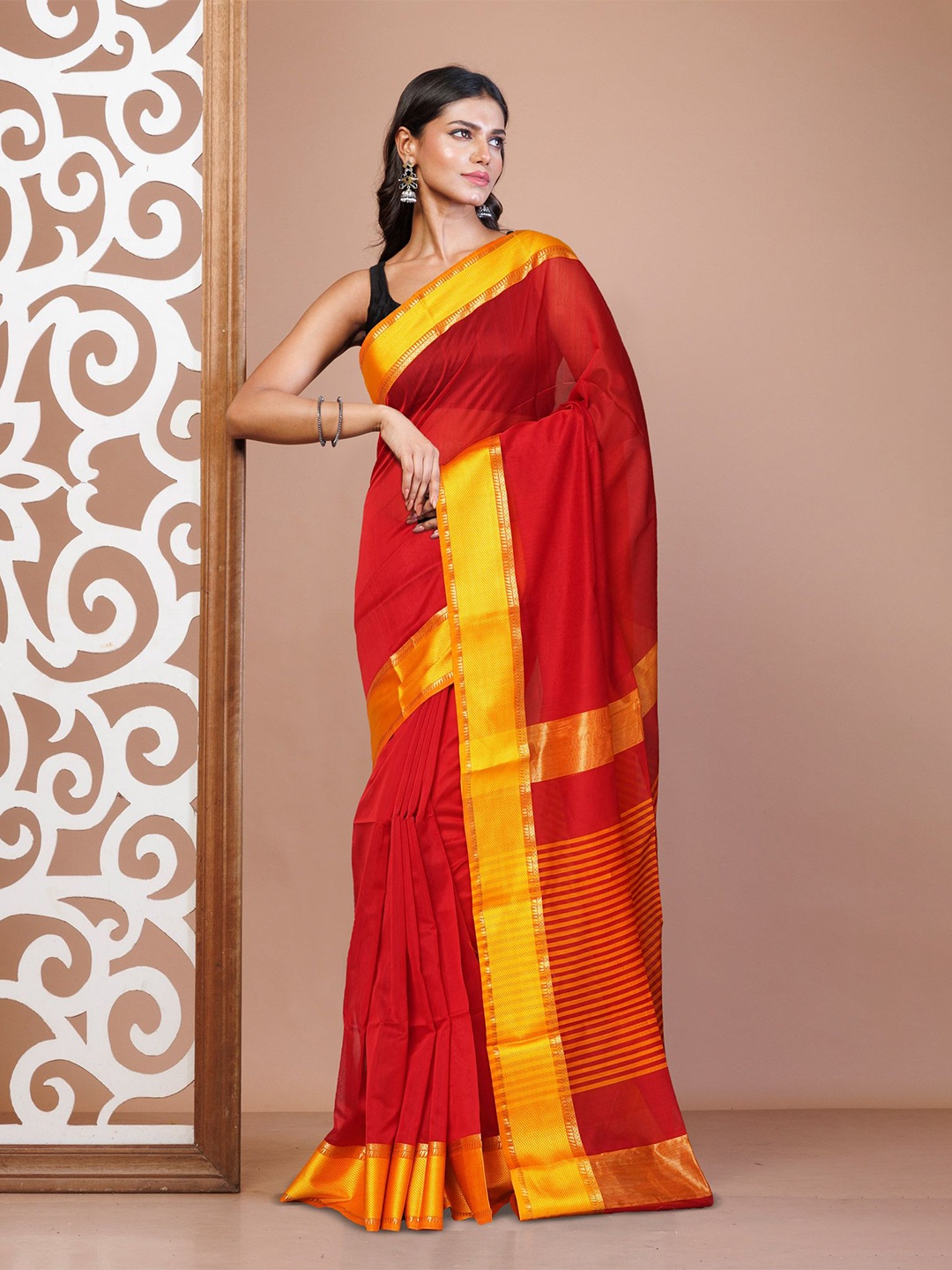 

Unnati Silks Striped Zari Handloom Maheshwari Saree, Red