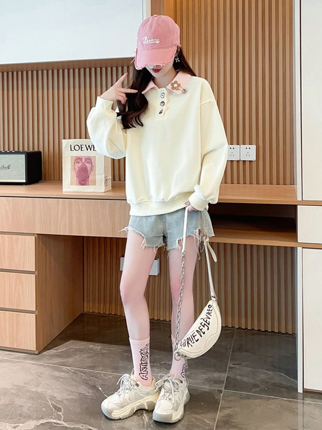 

JC Mode Women Shirt Collar Long Sleeves Sweatshirt, Beige