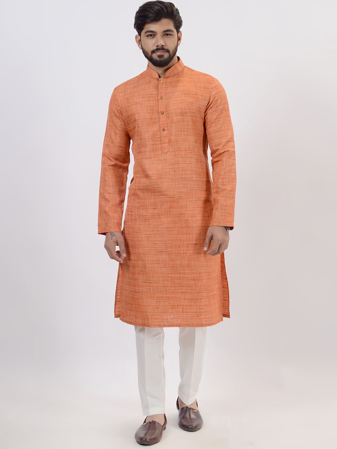 

azania Woven Design Mandarin Collar Long Sleeves Regular Straight Kurta, Peach